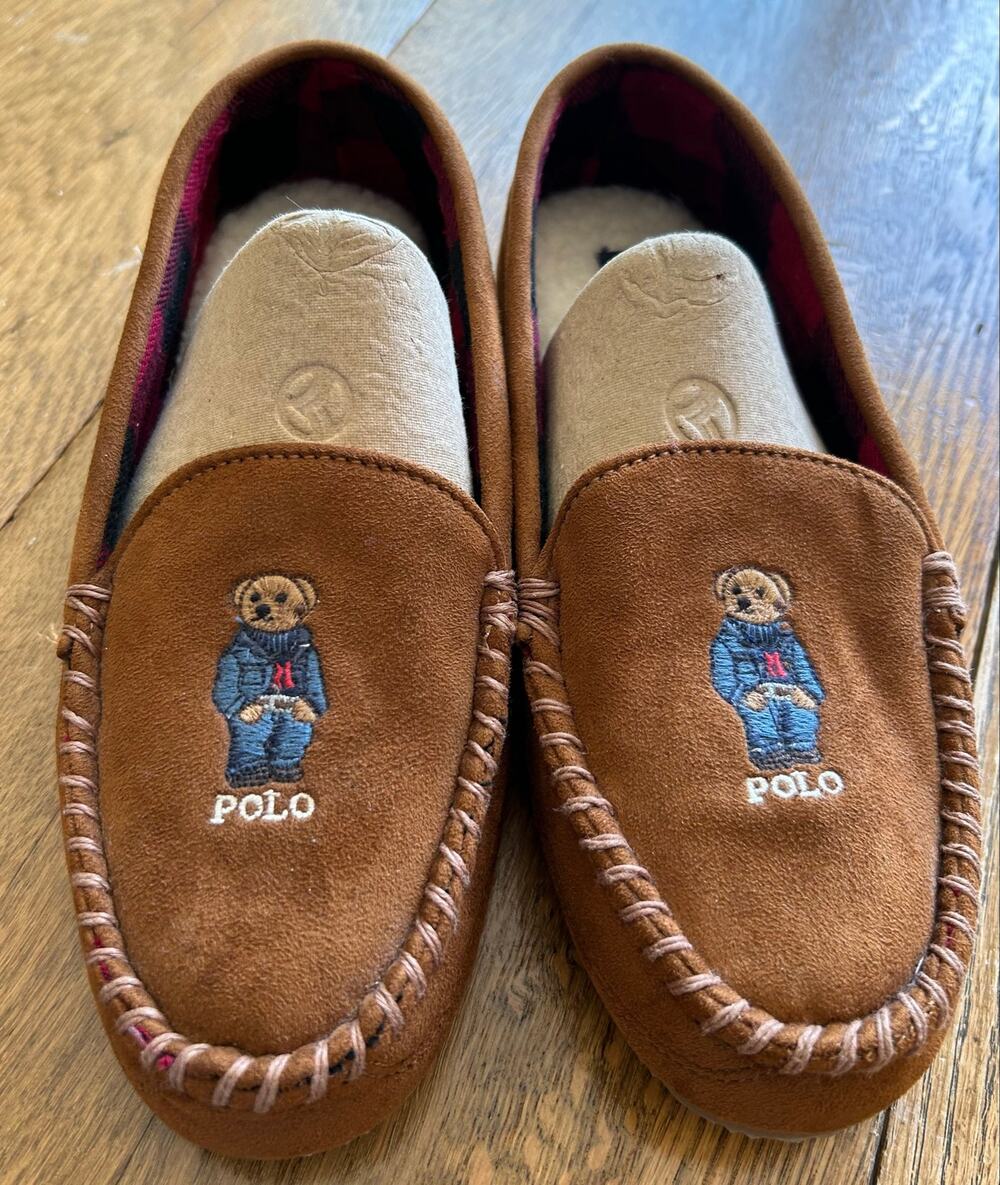 New! Polo by Ralph Lauren Polo Bear Slipper Faux Suede Flannel Women’s Sz 10